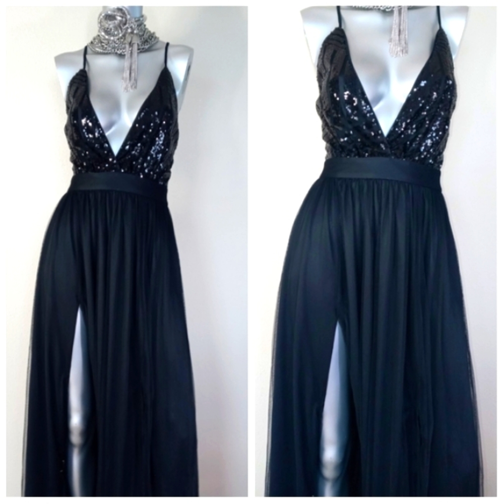Black Sophisticated Cocktail Party Grunge Fairy Core Sequin Top Maxi Dress - Picture 5 of 16